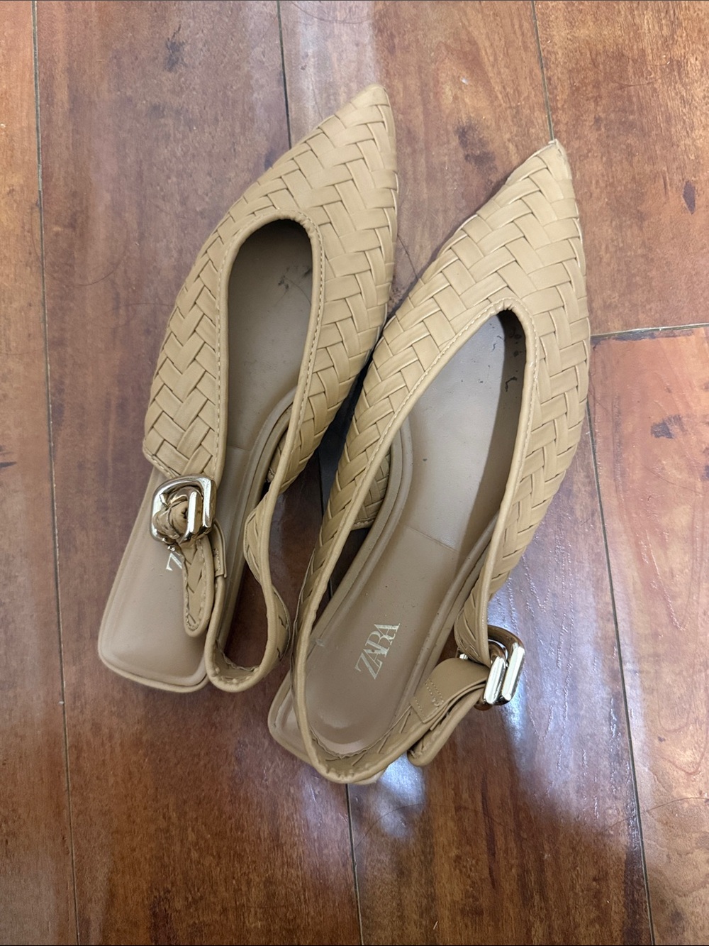 Zara Tan Braided Pointed-Toe Slingback Flats with Gold Buckles
